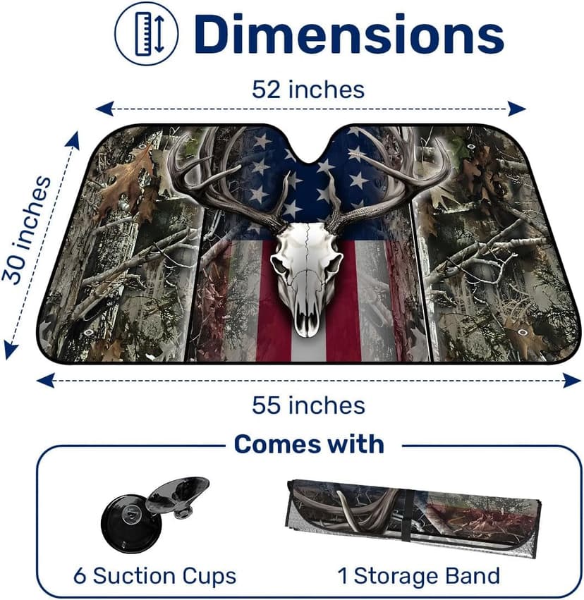 GENANY Hunting Car Sun Shade for Car SUV Truck (55x30 inches), Deer Skull Sun Shade Windshield, Shades for Front Windows, Protector Blocks UV, Car Decor