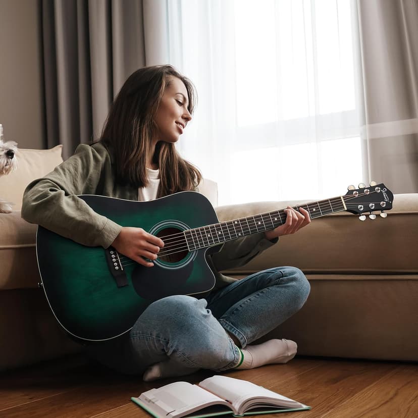 GLARRY Full Size 6 Strings Acoustic Electric Guitar Beginner Kit, Cutaway 41 Inch Electric Acoustic Guitar w/Inbuilt Tuner, Bag, Strap, Picks, Strings, Basswood Guitarra, Matte Distressed Green