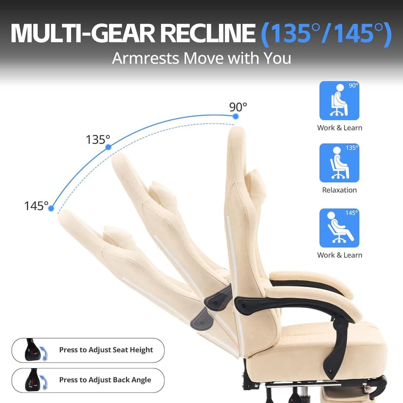 Gaming Chair Breathable Leather with Pocket Spring Cushion, Wide and High Ergonomic Office Chair with Headrest, Computer Gaming Chair with Footrest for Adult and Teen (Beige Leather)