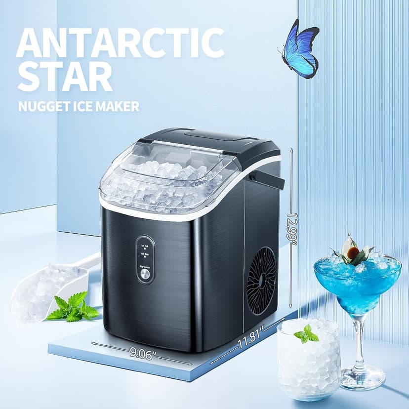 Antarctic Star Nugget Ice Maker Countertop with Soft Chewable Ice, Portable Sonic Ice Maker with Basket and Scoop, Removable Top Cover, Auto-Cleaning for Home/Party/RV/Camping (Stainless Steel Black)