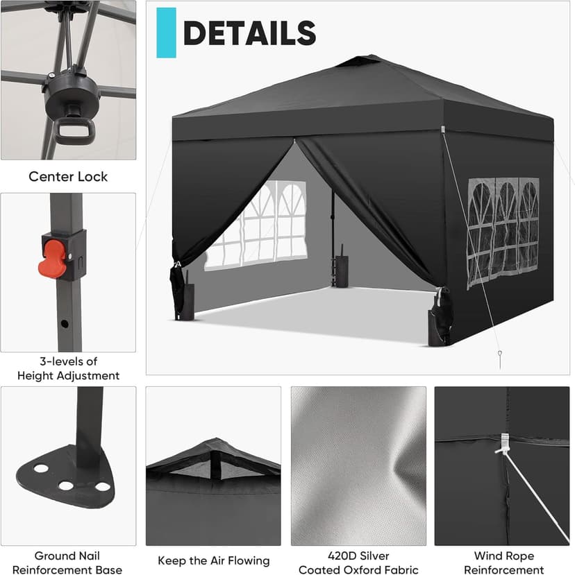 GDY 10x10 Pop Up Canopy Tent with 4 Sidewalls, Easy Set up with One Push Lift Outdoor Silver Coated Beach Gazebos, Carpas with 4 Sandbags, for Events, Parties,Camping, Black.