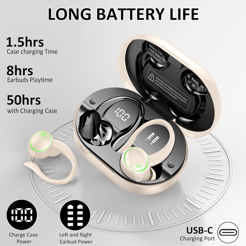 Matast Wireless Earbuds, Bluetooth Headphones Sports, Bass Fitness Earphones Gym Running, IP7 Waterproof Headset with Earhook Workout, Playback Over-Ear Buds with ENC Noise Cancelling Mic