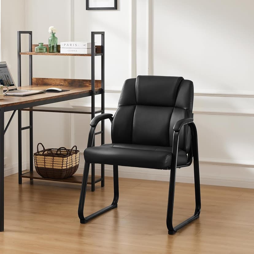 Sweetcrispy Waiting Room Guest Chair, Stationary Office Reception Chairs No Wheel, Comfy Padded Arms and Seld Base, for Conference Room Lobby Home Computer Desk Bedroom Elderly, Deep Black