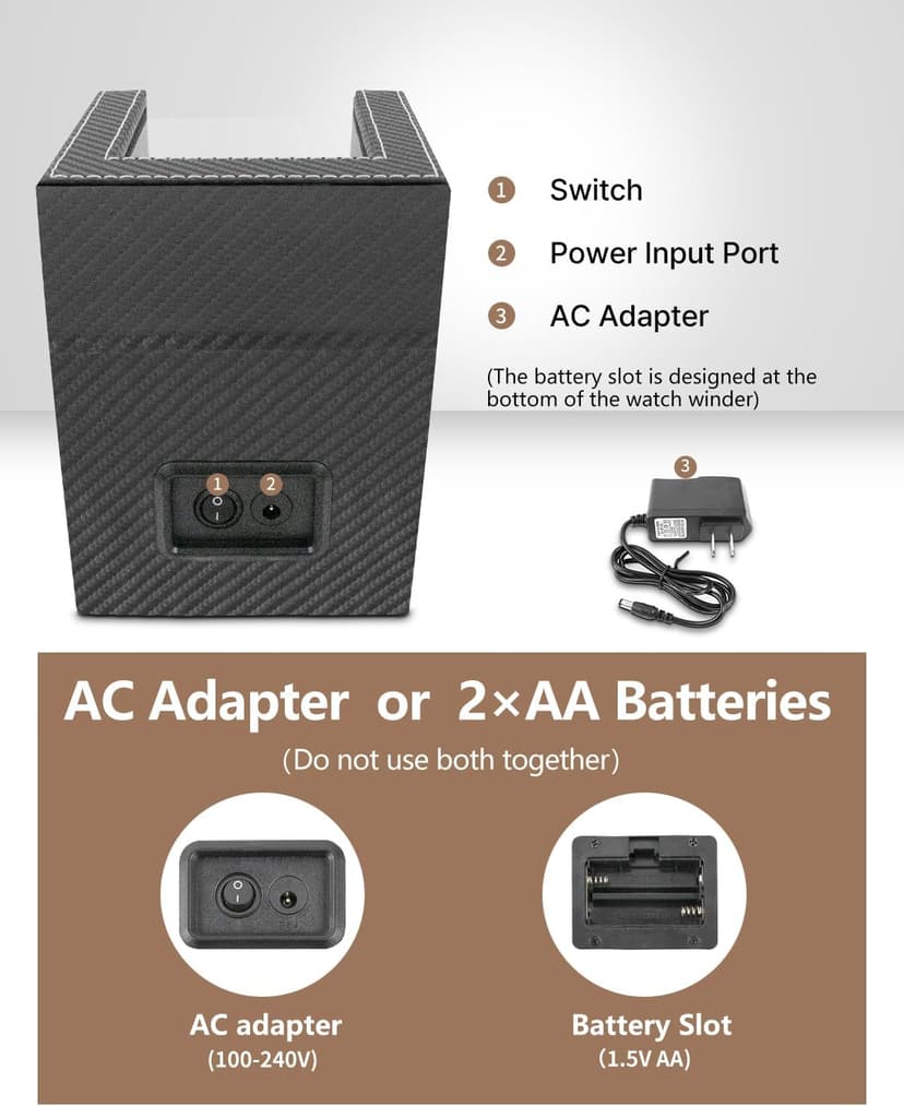 UnaMela Watch Winder for Automatic Watches: Automatic Single Watch Winder Box, Rotating Watch Case in Black Carbon Fiber Leather, Watch Rotator with Japanese Quiet Motor, Battery Powered or AC Adapter