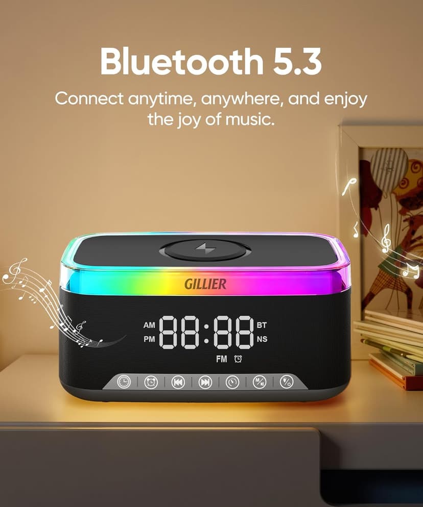 GILLIER Wireless Charging Alarm Clock Radio for Bedrooms – 15W Fast Wireless Charger Station for iPhone/Samsung, Bluetooth Stereo Speaker with FM Radio, Dimmable Display, USB Port, Sleep Timer, Black