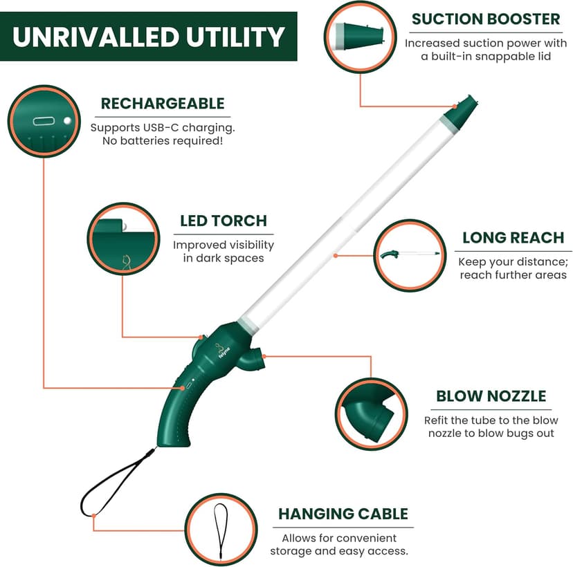 New Rechargeable Spider Catcher Vacuum Strong Suction Blows Insects Back Out Long Handle Humane Insect Bug Spiders Moth Wasp Trap Home Indoors Traps