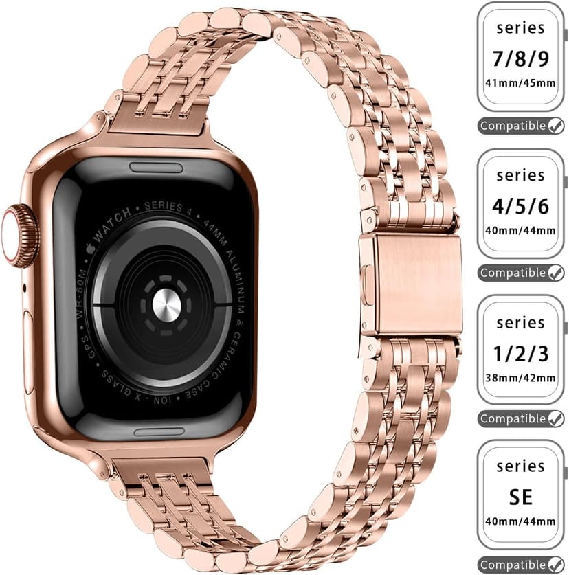 Slim Watch Band Compatible with Apple Watch 41mm 45mm 42mm 44mm 40mm 38mm Metal Stainless Steel Watchband Suitable for iWatch 10/9/8/7/6/5/4/3/2/1/SE Series Women Luxury Strap