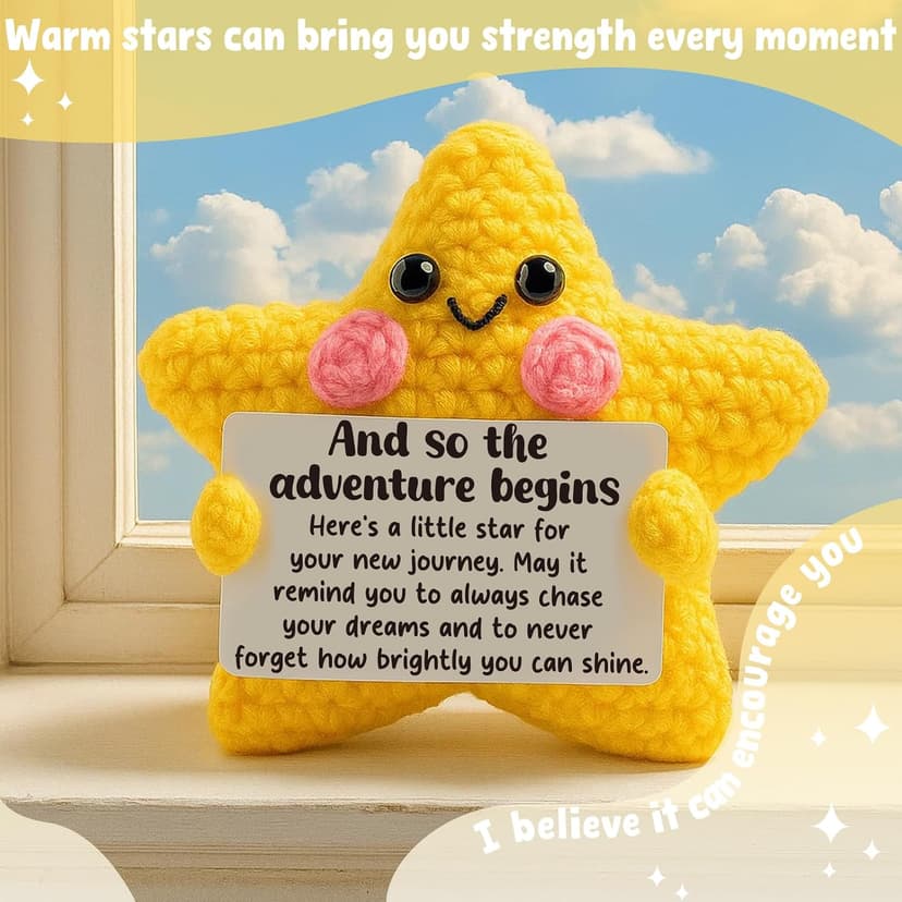 Crochet Star Graduation Gift, New Job & Good Luck Keepsake, Farewell & Moving Gift for Coworker Friend, Motivational Desk Decor for Student, Congratulations for New Adventure B0FQCBMF9V