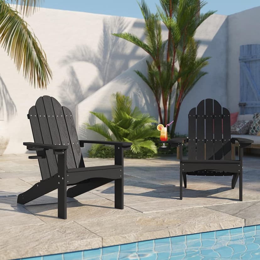 LUE BONA HDPS Adirondack Chairs, 1 Chair, Long-Lasting All-Season Outdoor Patio, Hidden Cup Holder, 350 LBS, Black