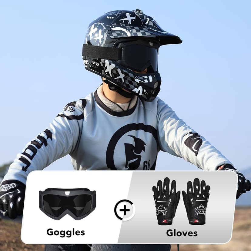 TRIANGLE Youth Kids Dirt Bike Helmet Full Face Motocross Helmet with Goggle & Gloves DOT/FMVSS-218 Approved Motorcycle Helmet
