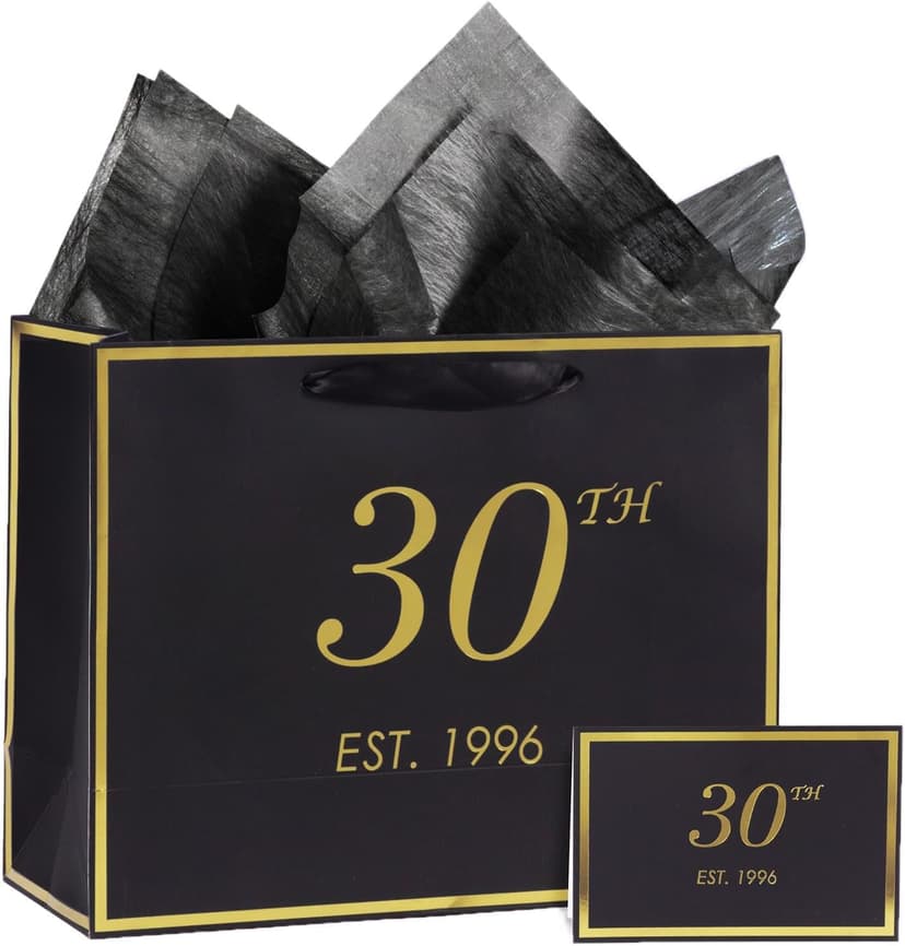 30th Birthday Gift Bag with Card and Tissue Paper for Men Women Him, 1996 30 Year Old 13" Elegant Black Gold Anniversary Keepsake Party Present Shopping Paper Bags for Gifts Wrapping (1996 30th) B0DLX3WCH7
