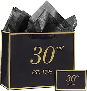 30th Birthday Gift Bag with Card and Tissue Paper for Men Women Him, 1996 30 Year Old 13" Elegant Black Gold Anniversary Keepsake Party Present Shopping Paper Bags for Gifts Wrapping (1996 30th) B0DLX3WCH7