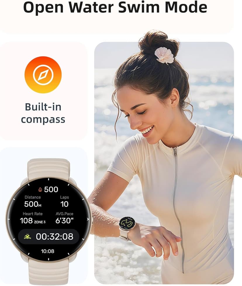 Parsonver Parsonver Swimming Smart Watch, 5ATM Waterproof for Pool & Open Water, Built-in GPS & Compass, AMOLED Fitness Tracker with 100+ Sports Modes, Heart Rate & Sleep Monitor, AI Swim Analysis, French Grey