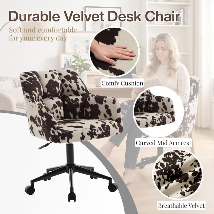 CIMOTA Cow Print Office Chair with Wheels, Height Adjustable Swivel Desk Chair with Arms & Mid Back, Comfy Fabric Vanity Computer Chair for Home Office/Living Room/Bedroom