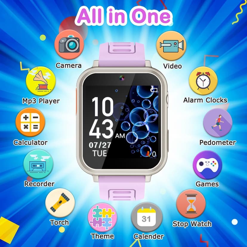 Kids Smart Watches Girls Gift for Girls Age 6-12, 24 Puzzle Games HD Touch Screen Kids Watch with Video Camera Music Player Pedometer Flashlight 12/24 hr Toys for 7 8 9 10 11 12 Year Old Girl Boys