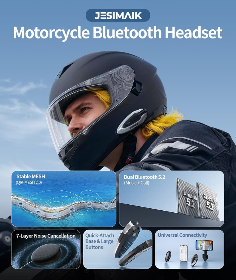 JESIMAIK Motorcycle Helmet Bluetooth Headset, 10-Rider Mesh Helmet Communication System, Anti-Theft Magnet Mount, 23H Battery Life, Glove-Friendly Anti-mistouch Intercom, Music Sharing, Black,(1 Pack)