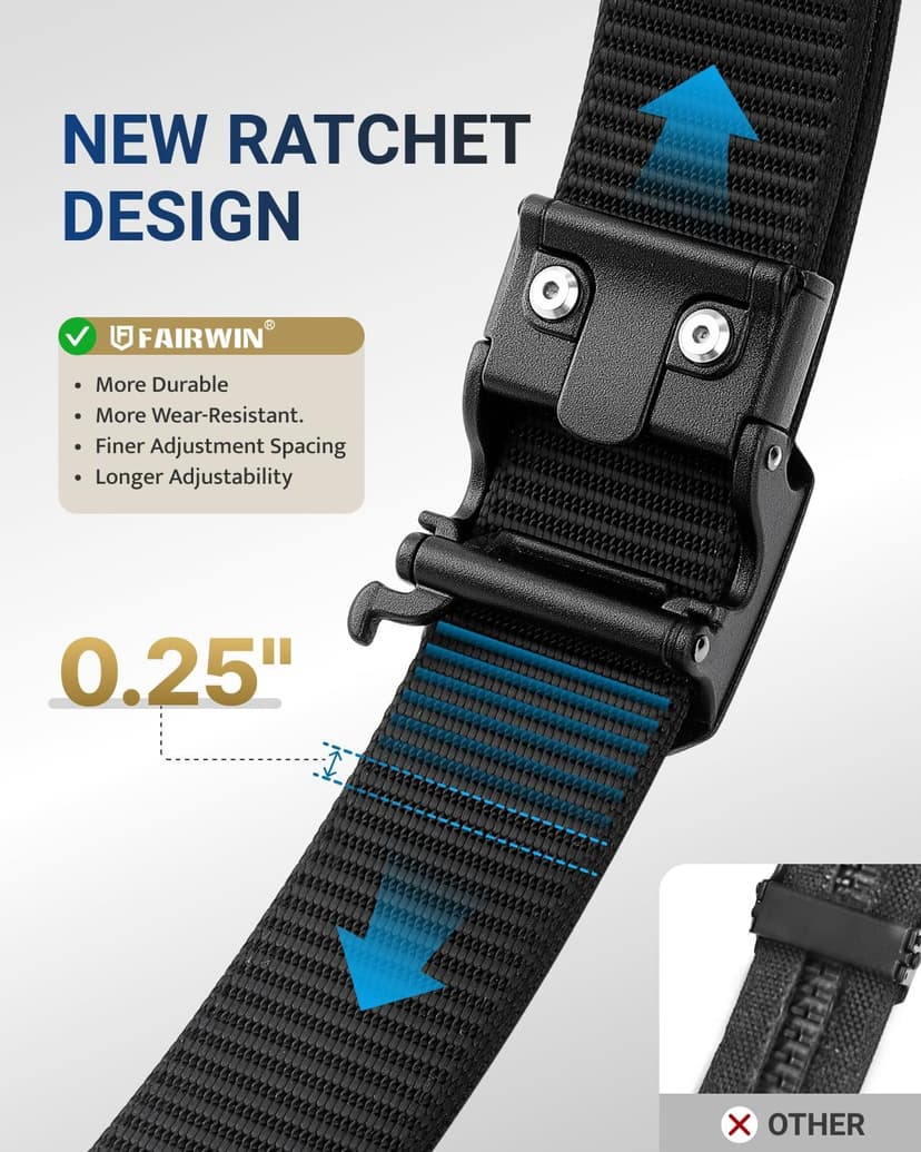 FAIRWIN Tactical Gun Belt, Ratchet CCW EDC Stiff Heavy Duty Work 1.5" Battle Concealed Carry Rigid Patented Nylon Men Belts
