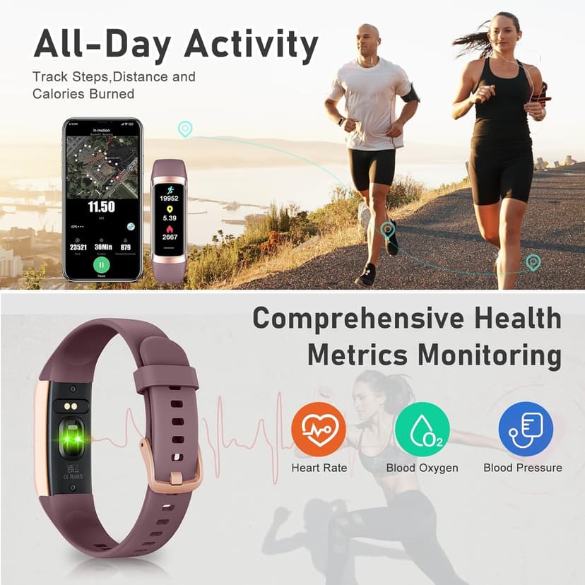 Fitness Tracker with Step Counter/Calories/Stopwatch, Activity Tracker, Health Tracker with Heart Rate Monitor, Sleep Tracker,1.10''AMOLED Touch Color Screen, Pedometer Watch for Women Men