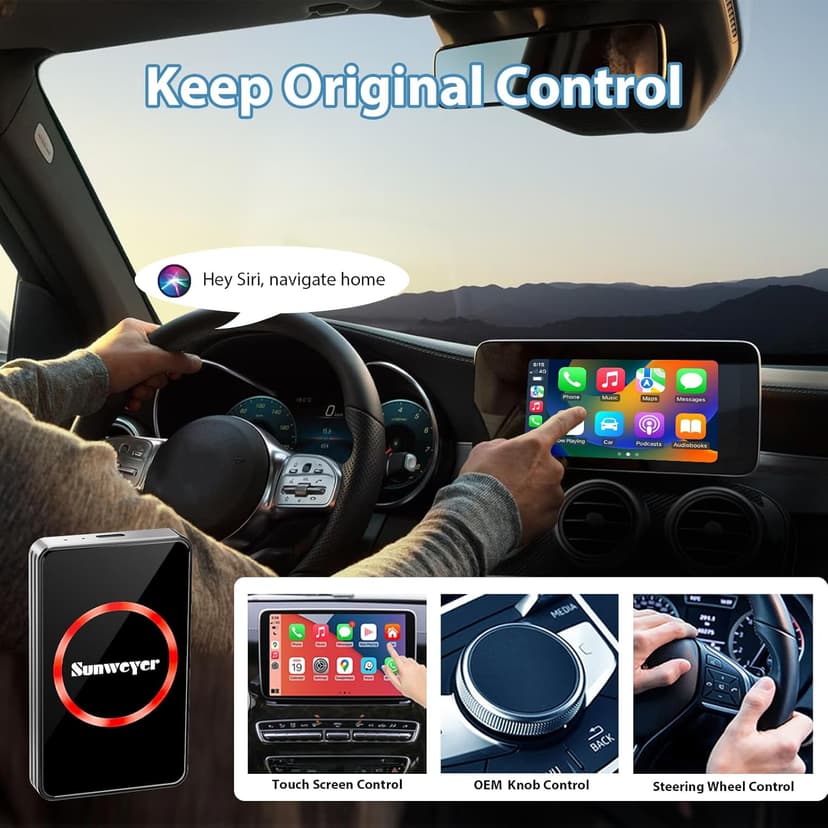 Sunweyer Wireless CarPlay Adapter Car Streaming Device Ai Box Support Netflix, YouTube, Hulu, Disney+, Android Auto Wireless Adapter with LED Ambient Light, Easy to Setup 3 in 1, Dual WiFi Bluetooth