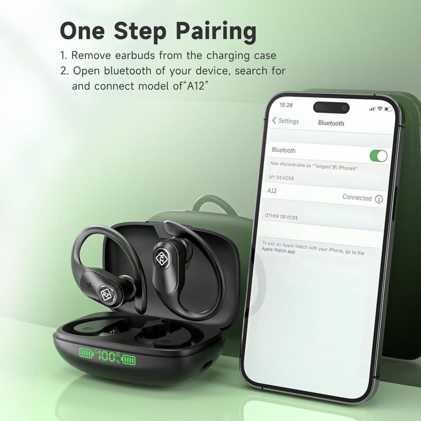 Wireless Earbuds Bluetooth Headphones 96H Playtime LED Display Waterproof Built in Mic Deep Bass Sound Secure Over Ear buds Earhooks for iPhone Android Samsung Cell Phones Sport Workout Gaming Running