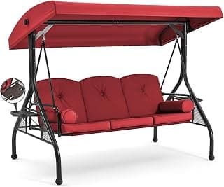 HOMREST 3 Seat Outdoor Porch Swing with Adjustable Canopy, Convertible Patio Swing Bed with Stand, Patio Glider Swing with Upgraded Cup Holder, Thicken Cushions ＆ Pillow for Backyard(Wine Red)