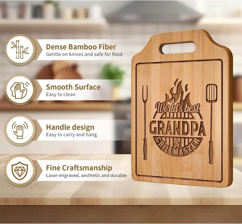 AceThrills Grandpa Gifts for Grandpa Birthday, Christmas, Fahthers Day - Grill Master Engraved Bamboo Cutting Board 12.3"L x 8.7"W x 0.4"Th (World's Best Grandpas)