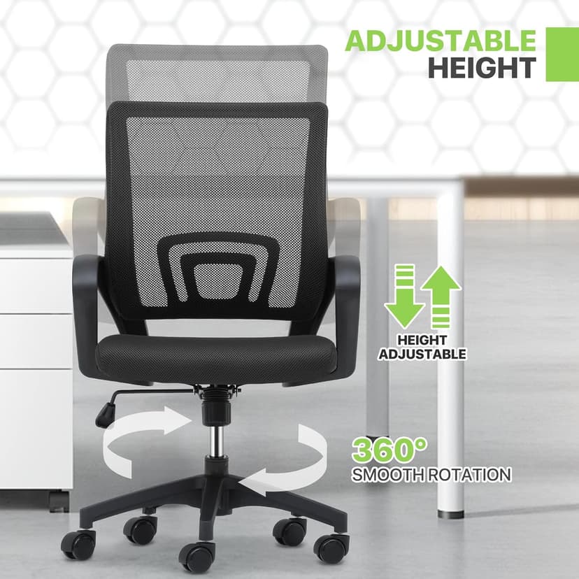 Magshion Ergonomic Office Desk Chair, Mid-Back Mesh Computer Chair, Swivel Chair with Breathable Backrest & Lumbar Support, Adjustable Height for Gaming, Work, Study, 300 Lbs Capacity, Black
