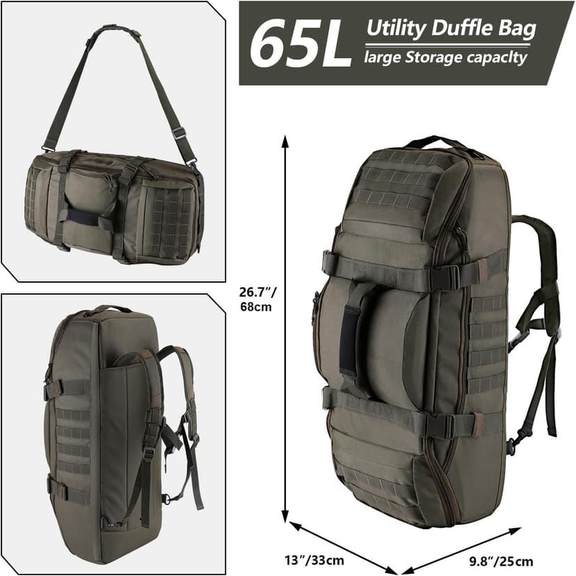 Hannibal Tactical 65L Large Duffle Bag, 3-in-1 Tactical Backpack MOLLE Pack for Sports, Gym, Outdoor, Olive Green