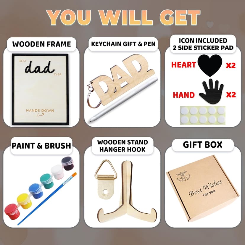 10" Hands Down Best Dad Ever DIY Handprint Kit with Acrylic Paint, Art Craft Family Keepsake Wood Frame Dad Keychain Birthday Father's Day Gift for Daddy, Papa Family Sign with Kids Names HF90-D