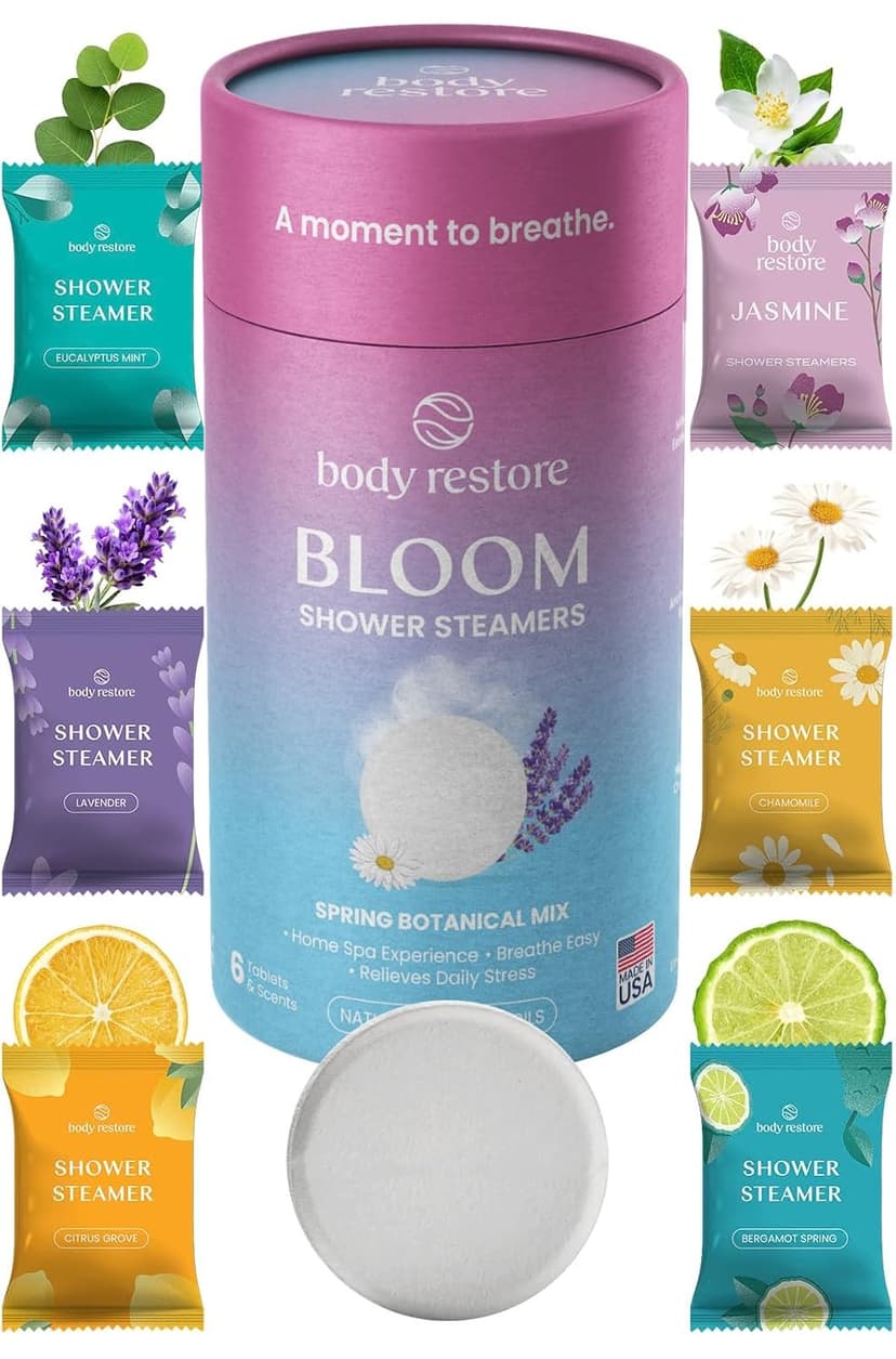 Body Restore Shower Steamers Aromatherapy 6 Pack - Birthday Gifts for Women, Men, Travel Essentials, Stress Relief, Relaxation, Self Care, Bath Bombs - Bloom
