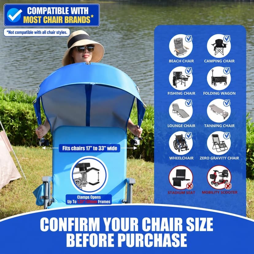Universal Wind-Resistant Chair Umbrella Canopy, Foldable Portable UPF 50+ Sun Shade Attachment with Adjustable Clamp, Fits Most Beach, Camping, Lawn, Sports, Tanning, Zero Gravity Chairs, Patented