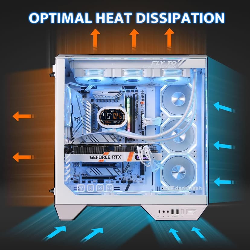 darkFlash Full-Tower ATX Gaming PC Case, Back Plug-in Motherboard, Vertical GPU Mounting, Dual-Chamber, Panoramic Glass, Up to 2 x 360mm Radiators, RTX 40 Compatible(DY470) (1 PWM ARGB Fans, White)