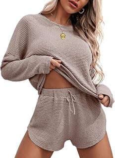 Drop Shoulder Pijamas de Mujer,Sexy Curved Hem Sleepwear,Round Neck Comfrt Sleepwear,Christmas Gift for Her,Sleepover Party Ekouaer Womens Waffle Knit Pajama Sets Long Sleeve Top and Short Lounge Set B09N3V12Q7