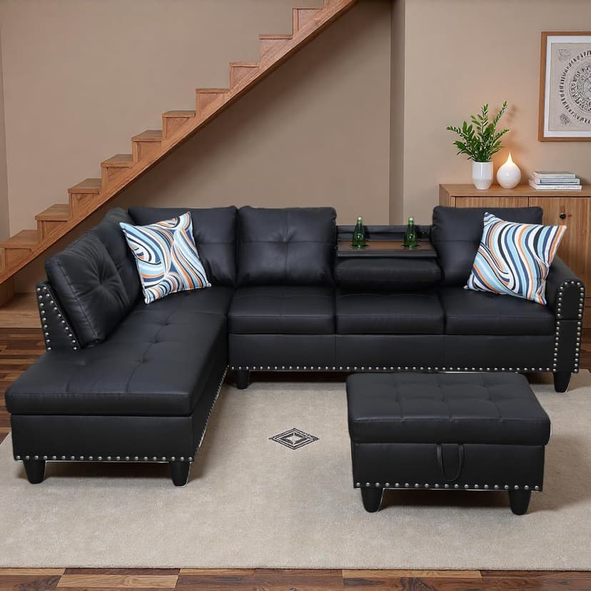 Topcomfy 97.5" L Shaped Couch Set, Modular Sectional Couches for Living Room with Storage Ottoman, 4 Seat Home Sofa Living Room Furniture Sets with Chaise for Apartment Office (Leather, Black)