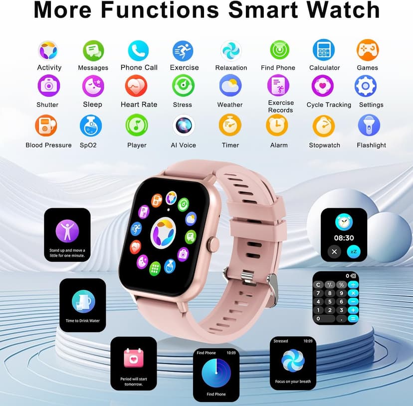 Smart Watch for Men Women Compatible with IOS Android Phone, 1.83" Full Touchscreen IP68 Waterproof Smart Watches,Fitness Tracker with Make/Recive Call 123+ Sport Modes Heart Rate/Sleep Monitor,Pink