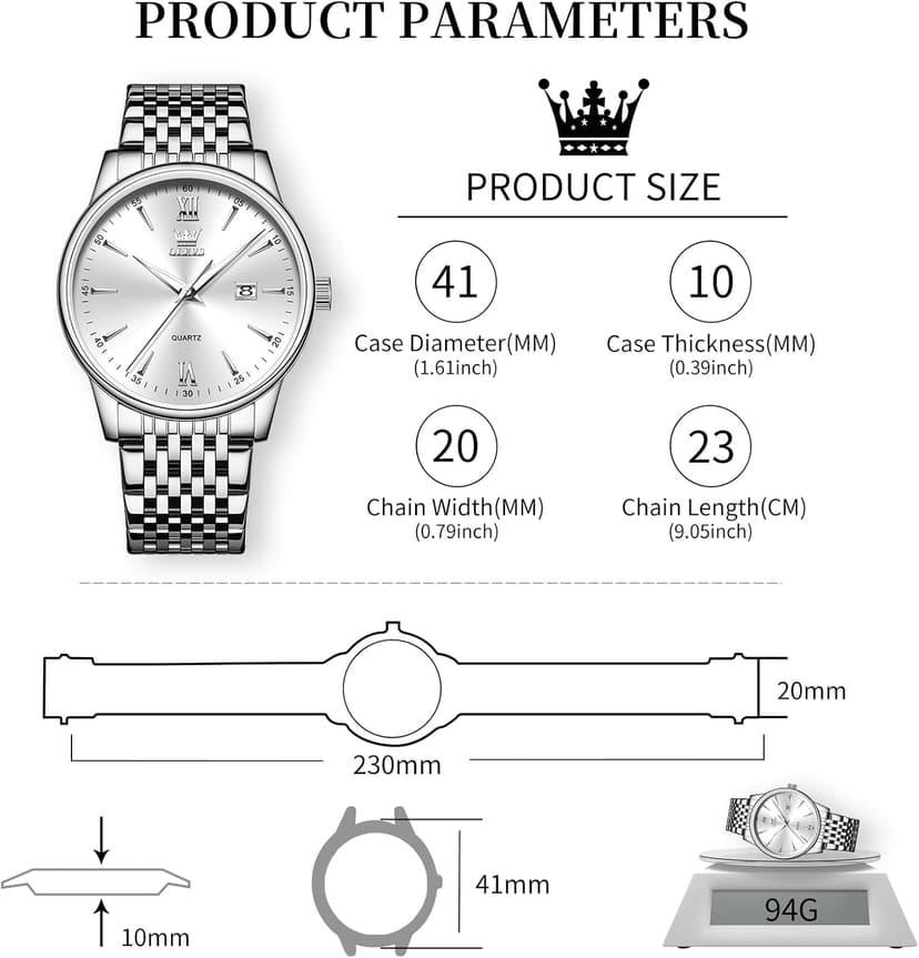 OLEVS Mens Watches Dress Waterproof Watch with Date Day Analog Quartz Casual Wrist Watch Large Number Classic Luxury Luminous Scales 41mm Big Face Easy Read Reloj para Hombre