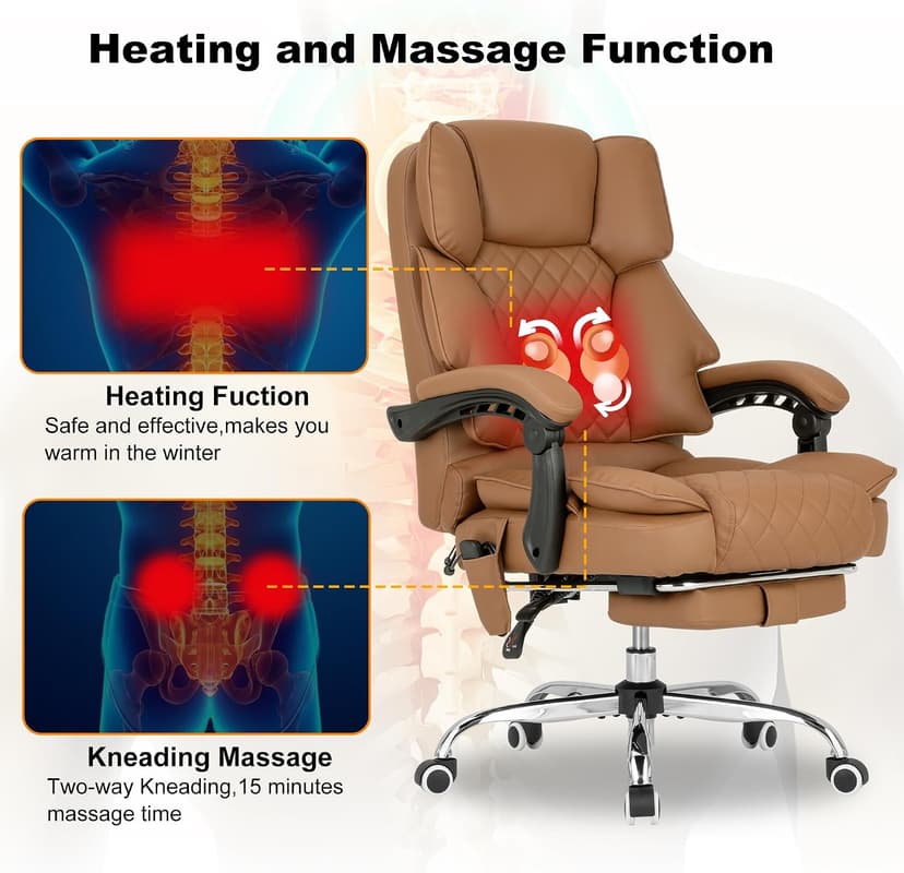 Kneading Massage Office Chair with Heated,90-135° Reclining Executive Office Chair with Footrest,Computer Desk Chair with Wheels,Diamond-Stitched Cushion Leather Office Chair,Brown