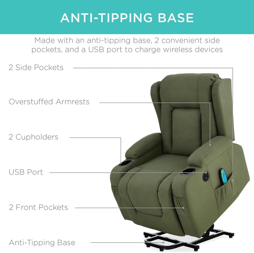 Best Choice Products PU Leather Electric Power Lift Chair, Recliner Massage Chair, Adjustable Furniture for Back, Legs w/ 3 Positions, USB Port, Heat, Cupholders, Easy-to-Reach Side Button - Olive
