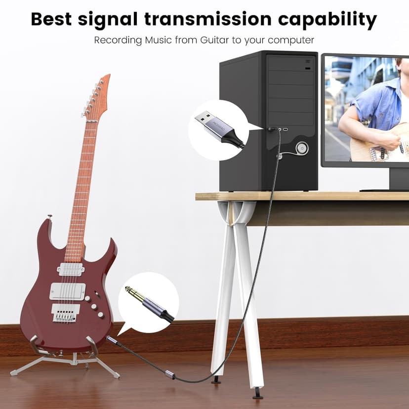 MOSWAG 3.3FT USB to 6.35 Audio Cable, USB to 1/4“ Guitar Cable with Recording Function for Guitar, Bass, Amplifier, Speakers (NOT for Xbox/RockSmith)