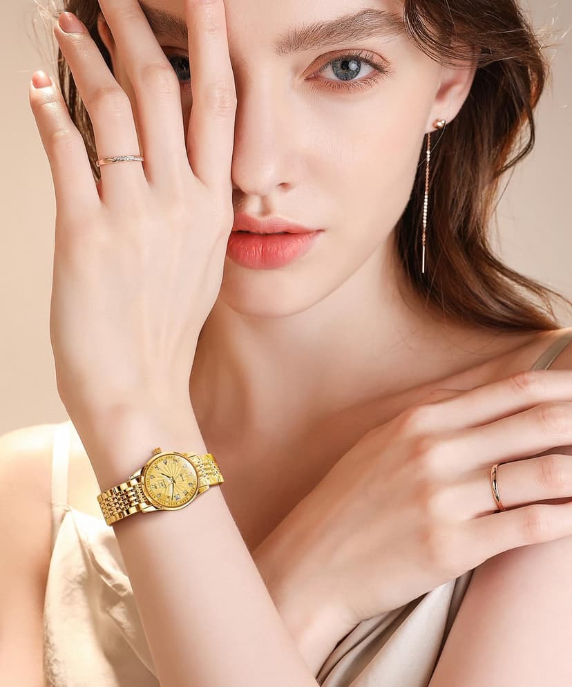 OLEVS Womens Automatic Watches Gold Classic Diamond Ladies Self Winding Mechanical Two Tone Stainless Steel Wrist Watch Date