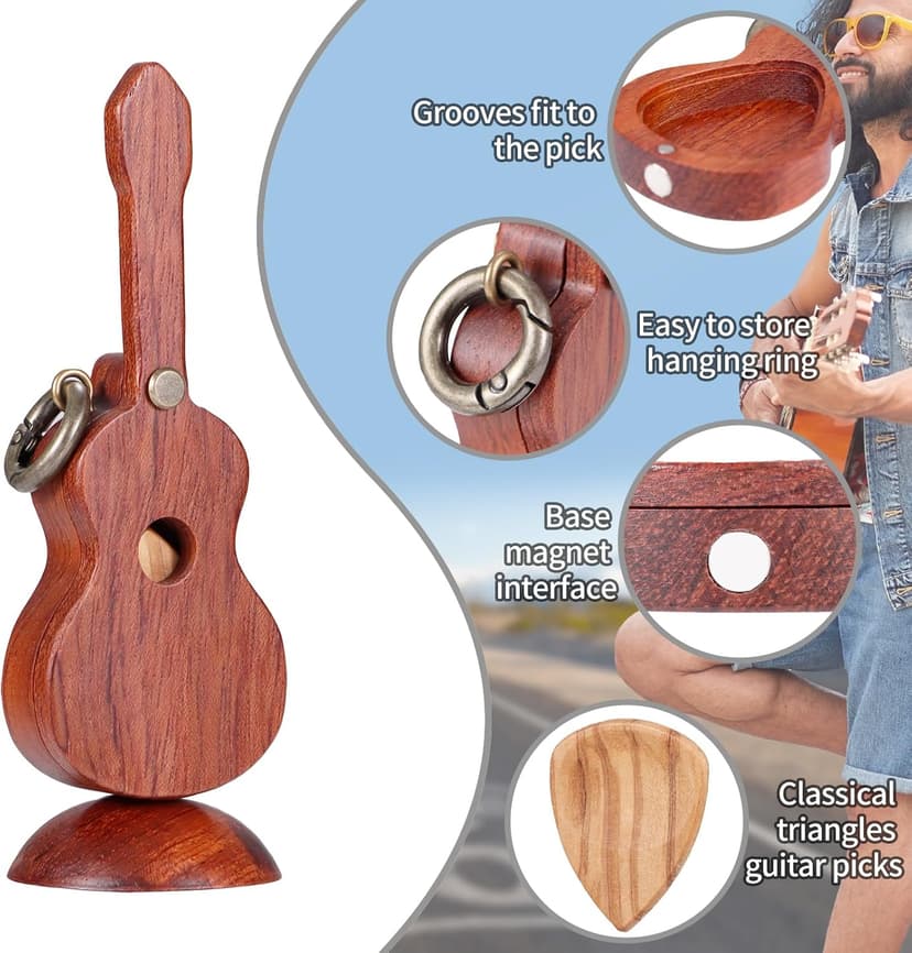 CustomGuitarPlectrumwithBox HomeWoodenDecorativeOrnamentGuitarMusicGiftCarMiniPendantGuitarAccessories Musician'sGuitarPlectrumGiftChristmasUniqueGift (Wood color (flower pear tree))