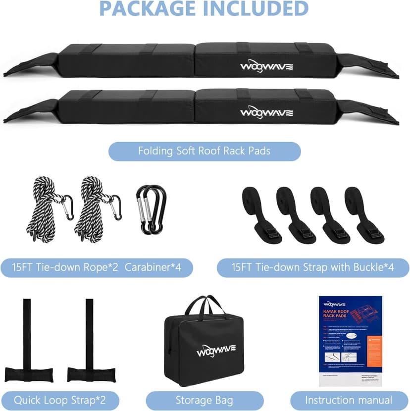 WOOWAVE Folding Kayak Soft Roof Rack Pads Universal Kayak Carrier Car Rack with 4 Tie Down Straps, 2 Tie Down Rope, 4 Carabiner, 2 Quick Loop Strap and Storage Bag for Canoe/Surfboard/Paddleboard/SUP