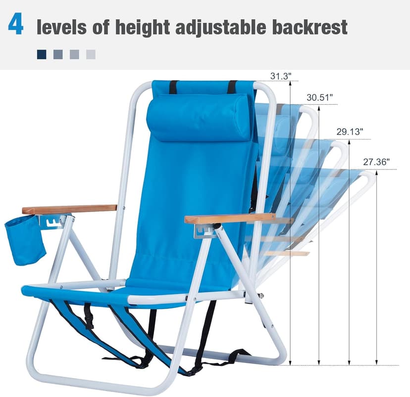 Set of 2 Folding Backpack Beach Chairs for Adults,Outdoor Folding Heavy Duty Camping Chair with Large Pockets and Cup Holder,Adjustable high Beach Lounge Chairs for Outdoor,Travel (Blue)