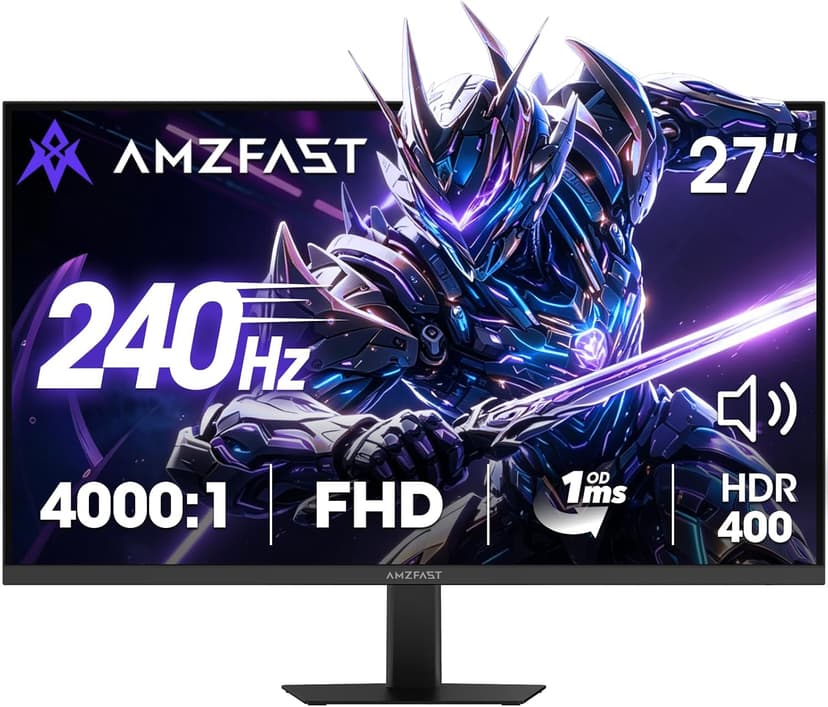 Amzfast 27" 240Hz 1ms FPS Gaming Monitor, Fast VA FHD 1080P, Adaptive Sync, HDR 400, 4000:1 Contrast, 125% sRGB, Built-in Speaker, HDMI 2.0 & DP 1.4 with DP Cable, VESA