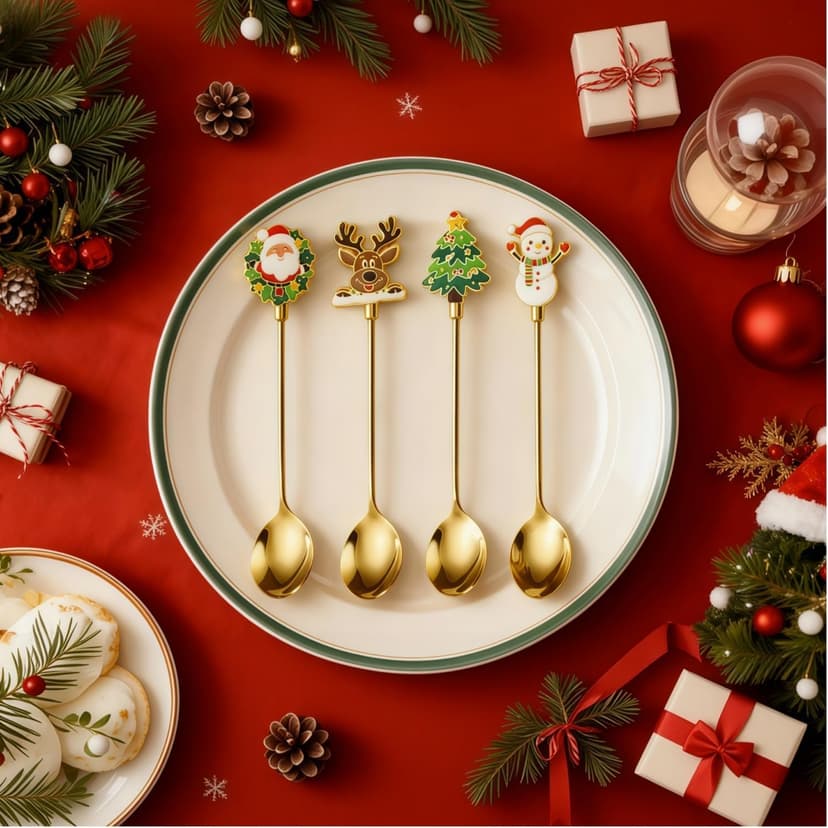 Christmas Teaspoon Gift Set of 4 |Premium 5.6 Inch Stainless Steel Small Spoon | Coffee Spoons for Dessert & Tea | Christmas Decorations Indoor & Kitchen Decor | Hostess Gifts