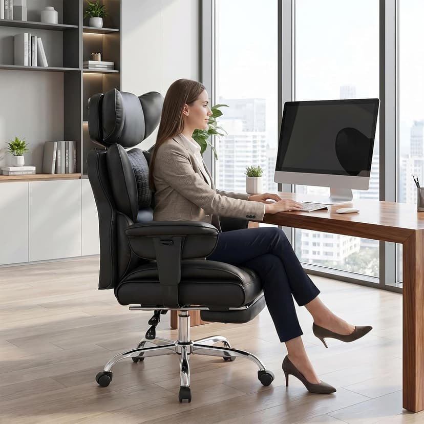 DUMOS Big and Tall Home Office Desk Chair, Gaming Computer Chair, Executive Ergonomic Chair with Footrest, High Back Reclining, Adjustable Armrests and Comfy Lumbar Support, PU Leather, Black