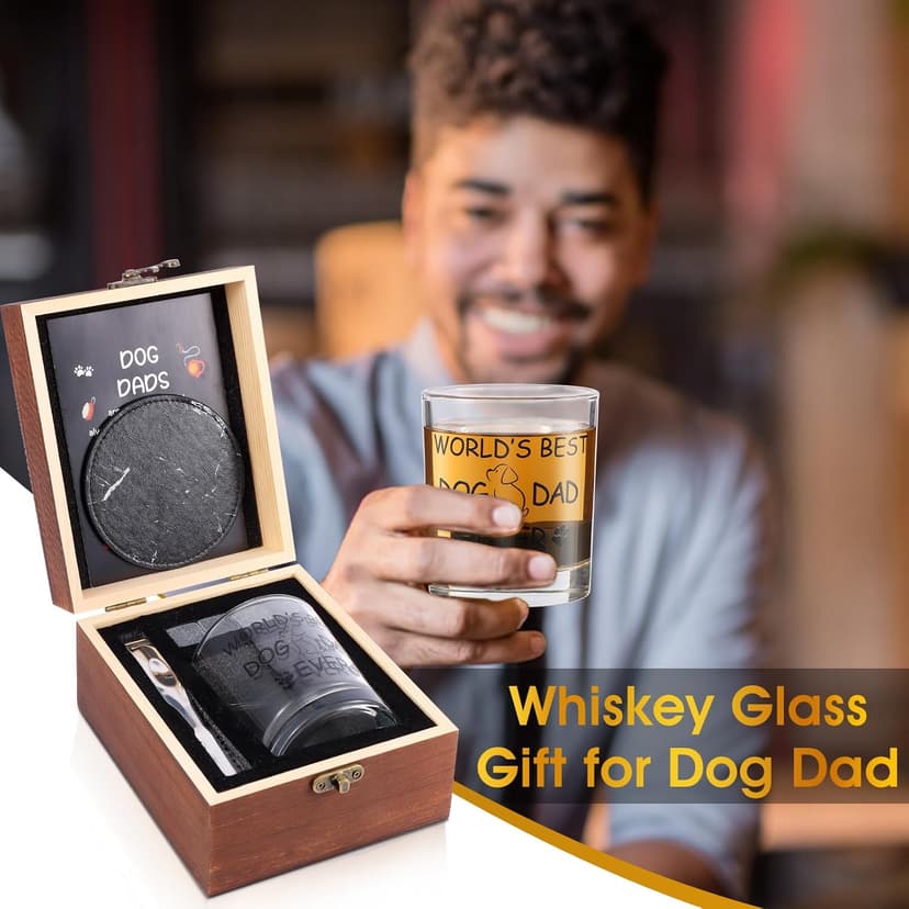 Dog Dad Gifts, Best Gift for Dad, Gift with 12oz Whiskey Glasses, Stones, Coaster, Wooden Box for Dogfather