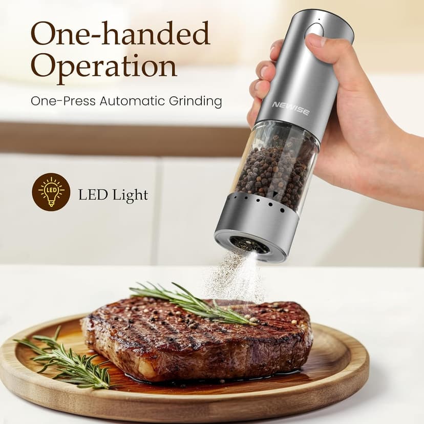 Salt and Pepper Shakers with Adjustable Coarseness, LED Lights, Large Capacity, Kitchen Appliances Gifts for Women Newise Electric Salt and Pepper Grinder Set, Rechargeable, Stainless Steel B0CZCNDWYB