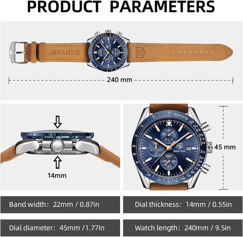 BENYAR Mens Watches Quartz Analog Chronograph Waterproof Wrist Watches for Men Fashion Business Work Casual Sport Dress Watch with Calendar