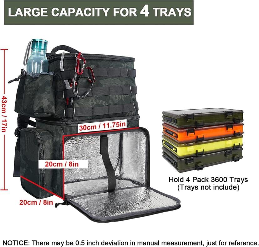 Water Resistant Fishing Bag Fits 4 3600 Trays, Large Wide Open Tackle Box Backpack, Gifts for Fishermen MATEIN Fishing Backpack, Tackle Storage Bag with Rod Holders & Cooler B09PTHT4H5